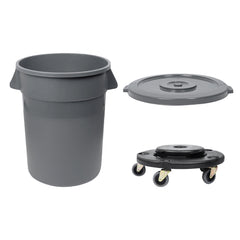 RW Clean 1 Gray 32 gal Plastic Commercial Trash Can and 1 Gray Lid and 1 Dolly