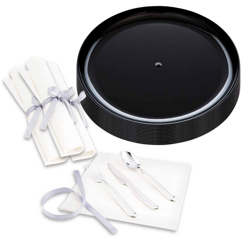 100 Round Black 9" Plastic Elegant Plates and 100 Moderna Silver Plastic Cutlery Sets