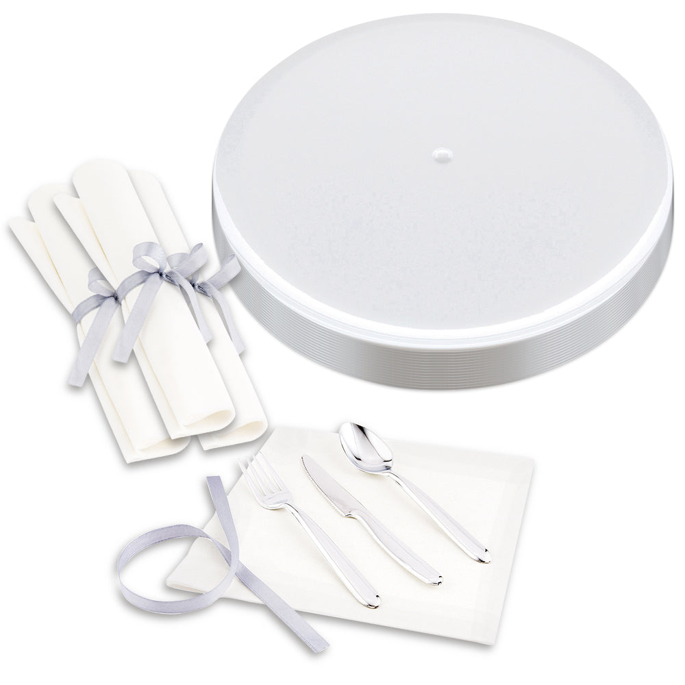 100 Round White 9" Plastic Elegant Plates and 100 Moderna Silver Plastic Cutlery Sets