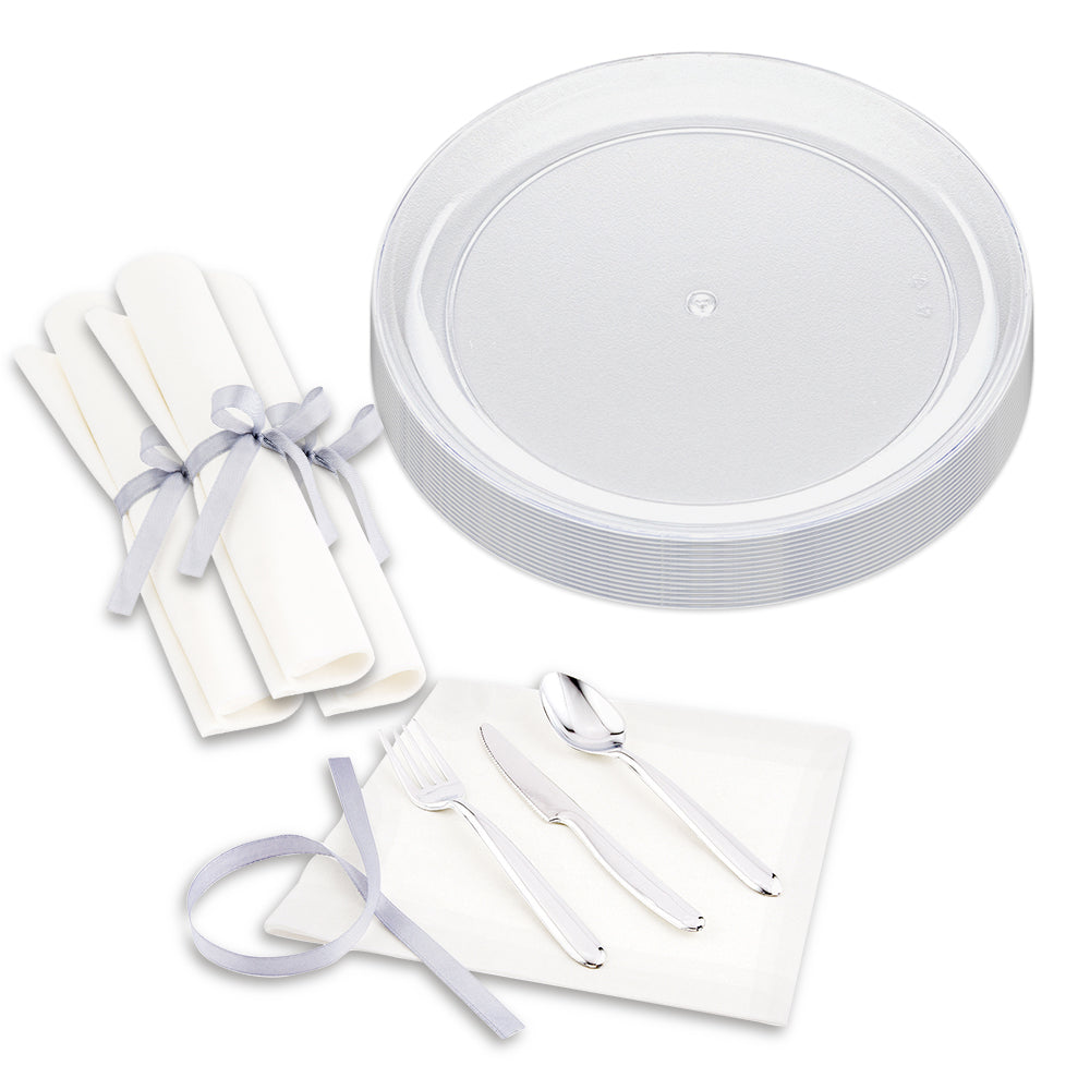 100 Round Clear 7" Plastic Medium Elegant Plates and 100 Moderna Silver Plastic Cutlery Sets