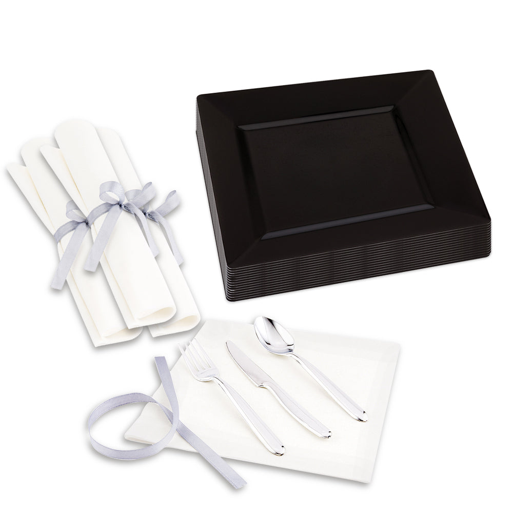 100 Square Black 8 1/4" Plastic Medium Plates and 100 Moderna Silver Plastic Cutlery Sets