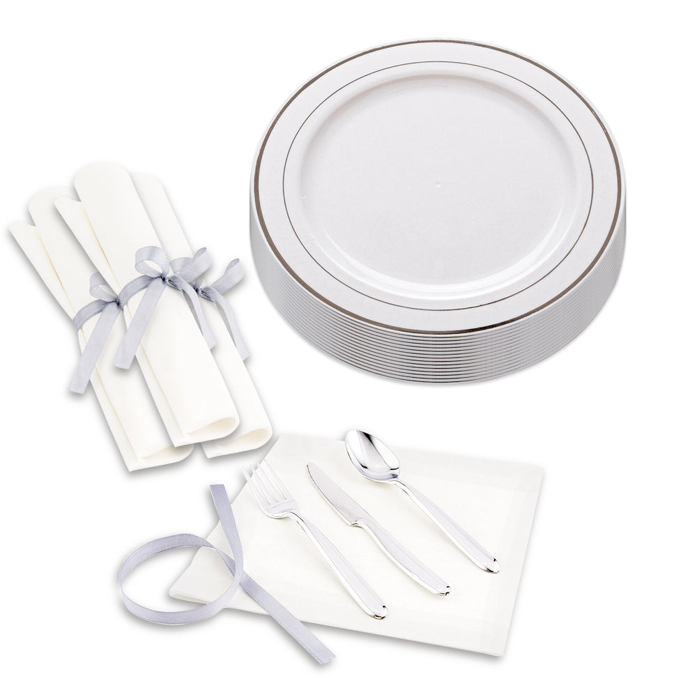 100 Round White 7 1/2" Plastic Silver-Rimmed Plates and 100 Moderna Silver Plastic Cutlery Sets