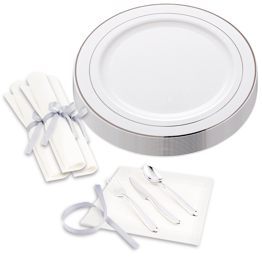 100 Round White 10 1/2" Plastic Silver-Rimmed Plates and 100 Moderna Silver Plastic Cutlery Sets