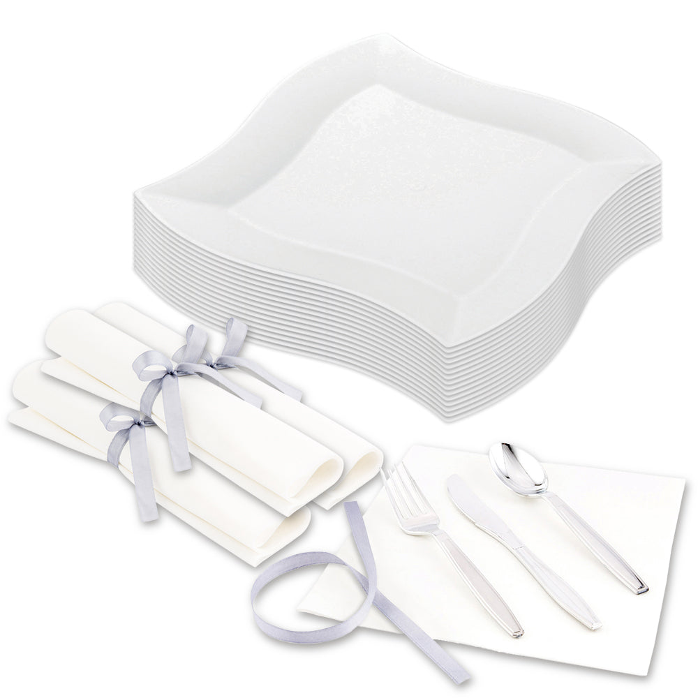 100 Square White 7" Plastic Medium Aqua Plates and 100 Argento Silver Plastic Cutlery Sets