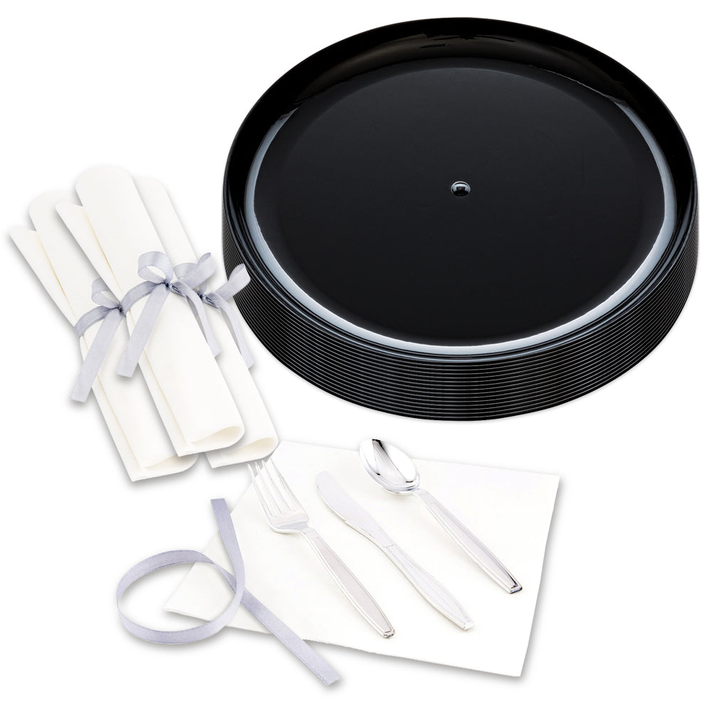 100 Round Black 9" Plastic Elegant Plates and 100 Argento Silver Plastic Cutlery Sets