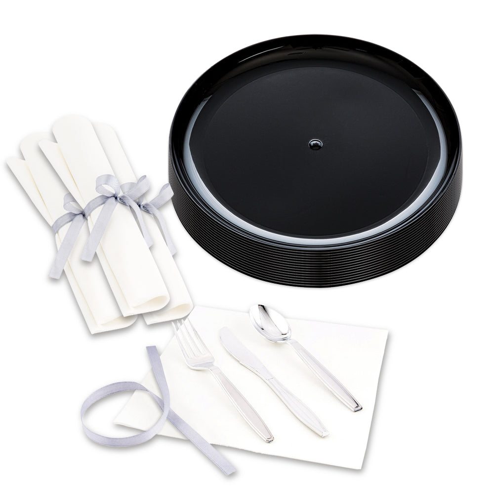 100 Round Black 7" Plastic Medium Elegant Plates and 100 Argento Silver Plastic Cutlery Sets