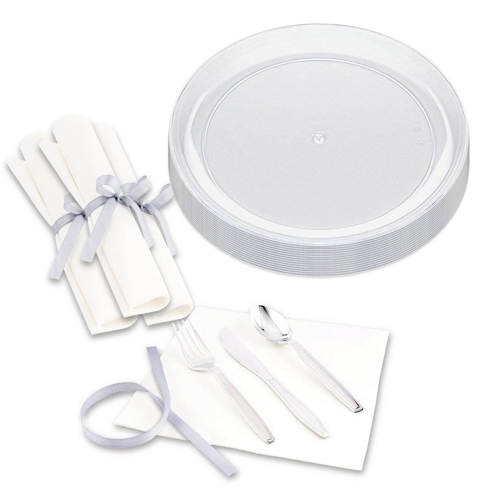 100 Round Clear 7" Plastic Medium Elegant Plates and 100 Argento Silver Plastic Cutlery Sets