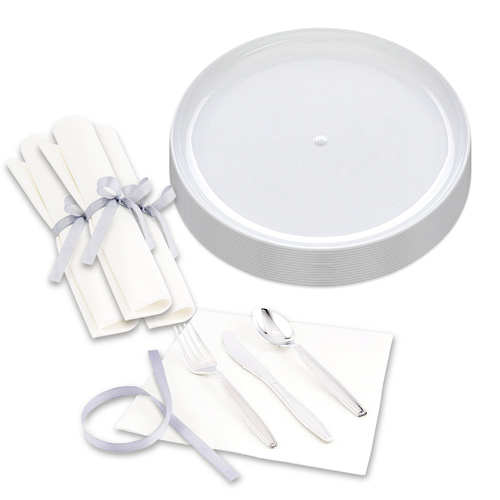 100 Round White 7" Plastic Medium Elegant Plates and 100 Argento Silver Plastic Cutlery Sets