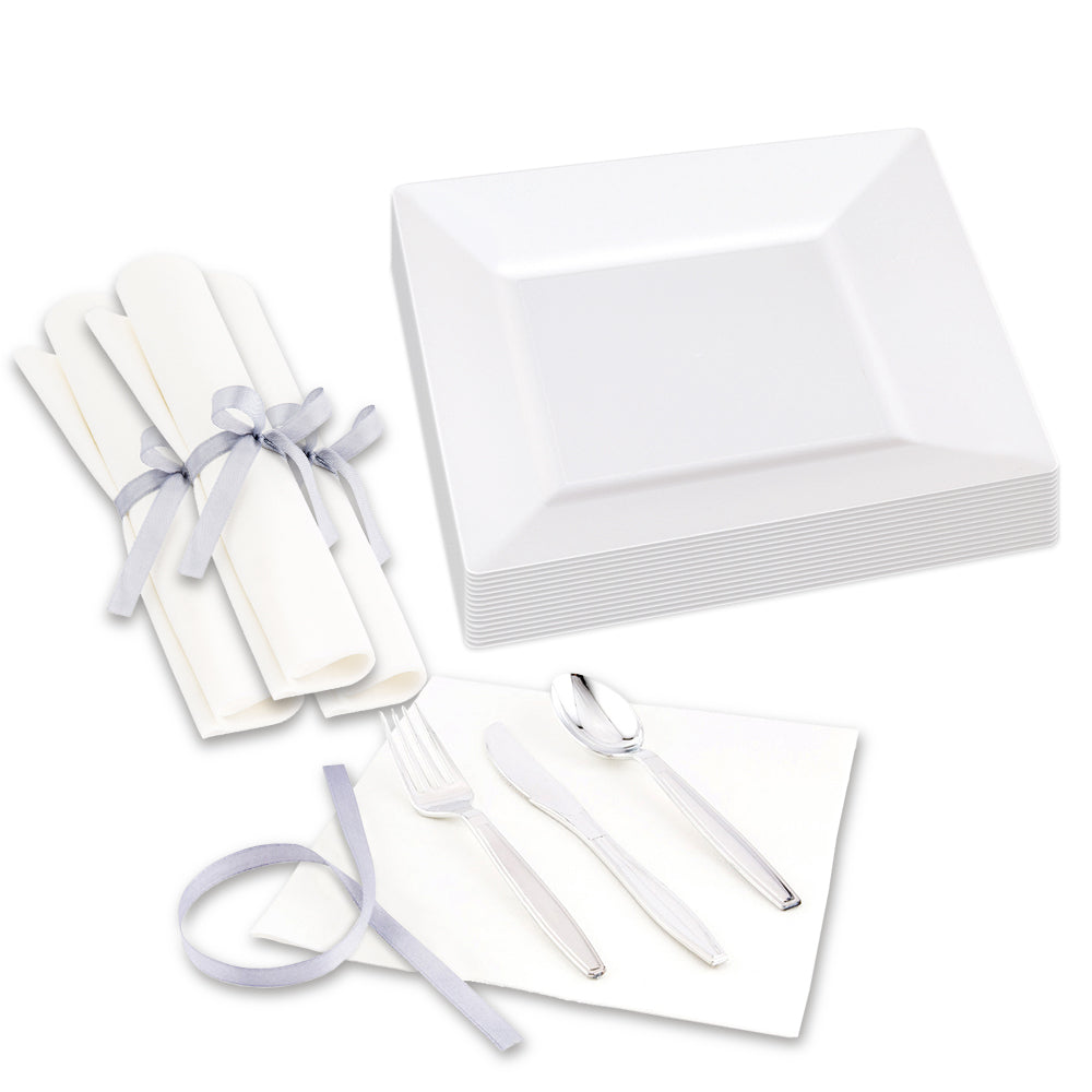 100 Square White 8 1/4" Plastic Medium Plates and 100 Argento Silver Plastic Cutlery Sets