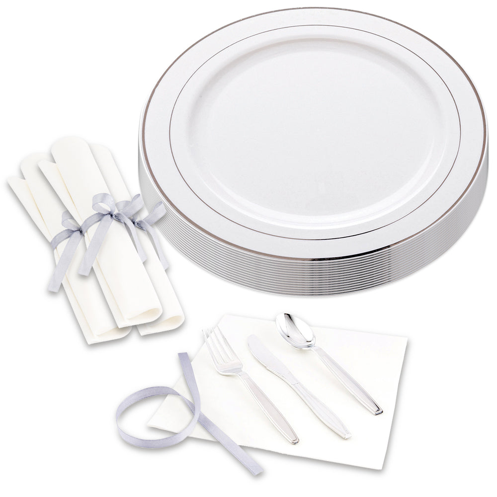 100 Round White 10 1/2" Plastic Silver-Rimmed Plates and 100 Argento Silver Plastic Cutlery Sets