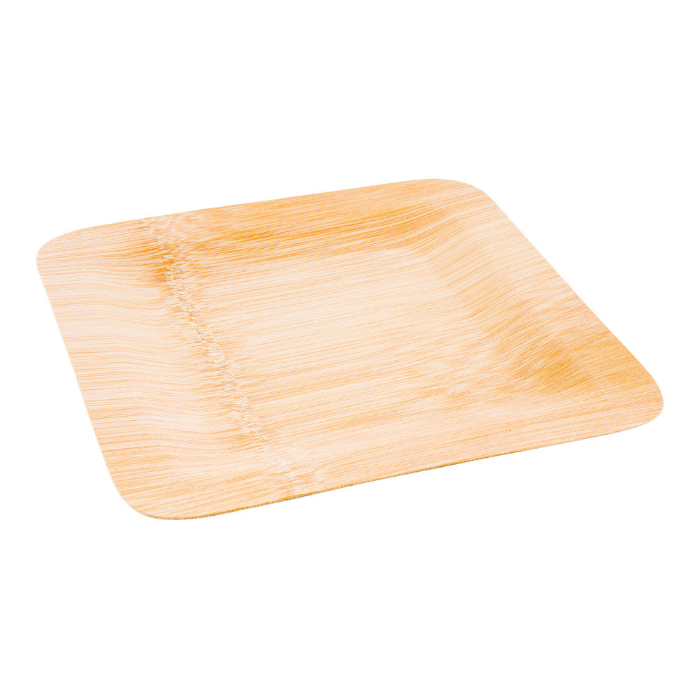 100 Square Natural 9" Bamboo Large Veneer Plates and 100 Natural Bamboo Disposable Flatware Sets