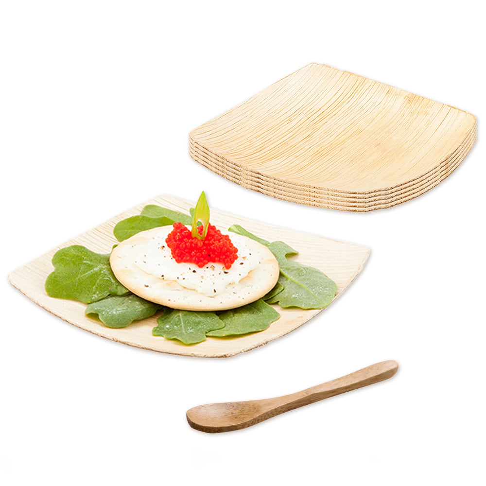 100 Midori Square 4" Natural Palm Leaf Small Plates and 100 Natural Bamboo 3.5" Mini Spoons