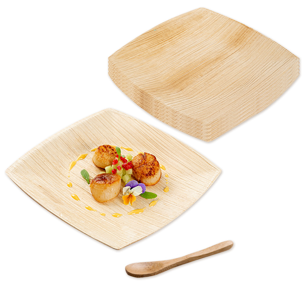 100 Midori Square 6" Natural Palm Leaf Medium Plates and 100 Natural Bamboo 3.5" Mini Spoons