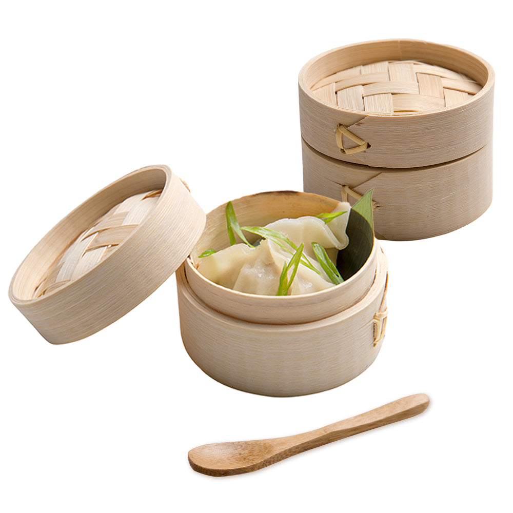 100 2 oz Round Natural Bamboo Mini Steamers and 100 Natural Bamboo 3.5" Mini Spoons