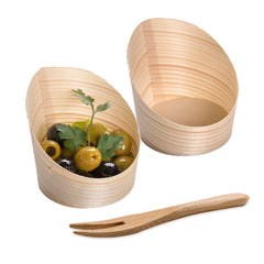 100 4 oz Round Natural Wood Mini Incline Cups and 100 Natural Bamboo 3.5