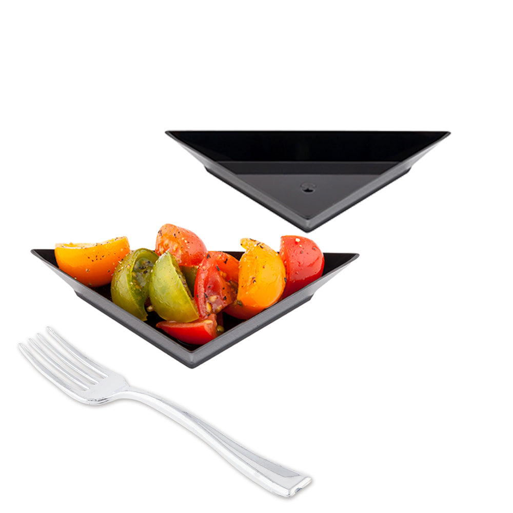 100 Black Plastic 4" Mini Triangolo Appetizer Plates and 100 Silver Plastic 4" Mini Forks