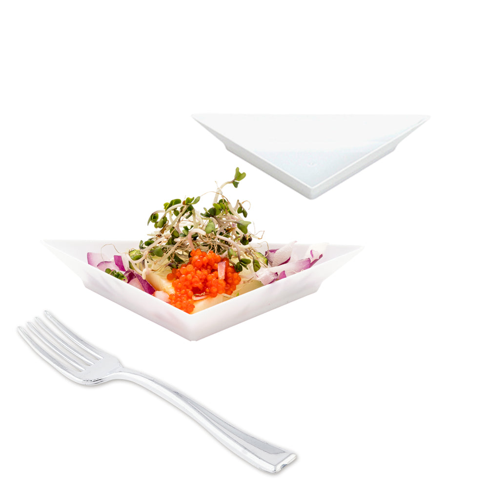 100 White Plastic 4" Mini Triangolo Appetizer Plates and 100 Silver Plastic 4" Mini Forks