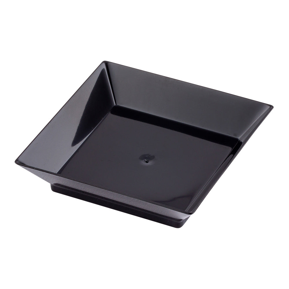 100 Square Black 2.5" Plastic Mini Modern Plates and 100 Silver Plastic 4" Mini Forks