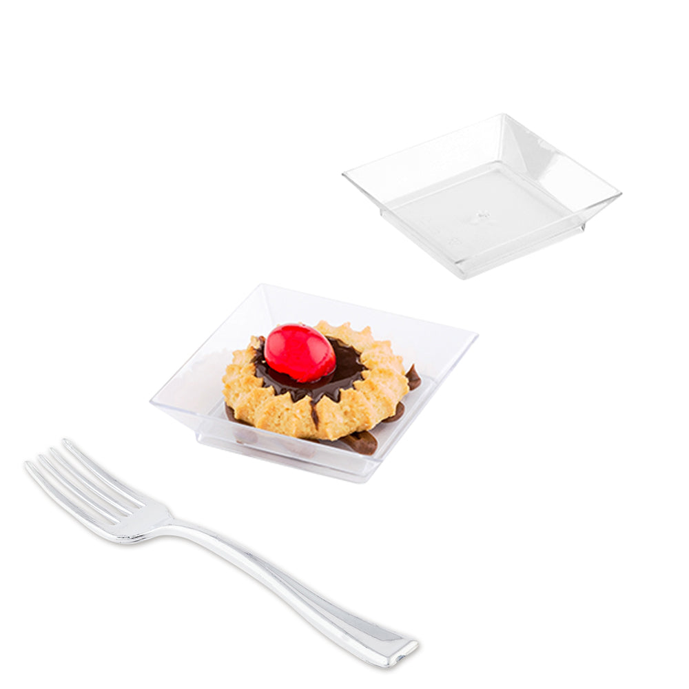 100 Square Clear 2.5" Plastic Mini Modern Plates and 100 Silver Plastic 4" Mini Forks