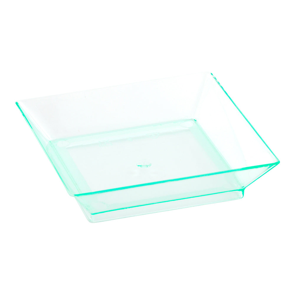 100 Square Seagreen 2.5" Plastic Mini Modern Plates and 100 Silver Plastic 4" Mini Forks