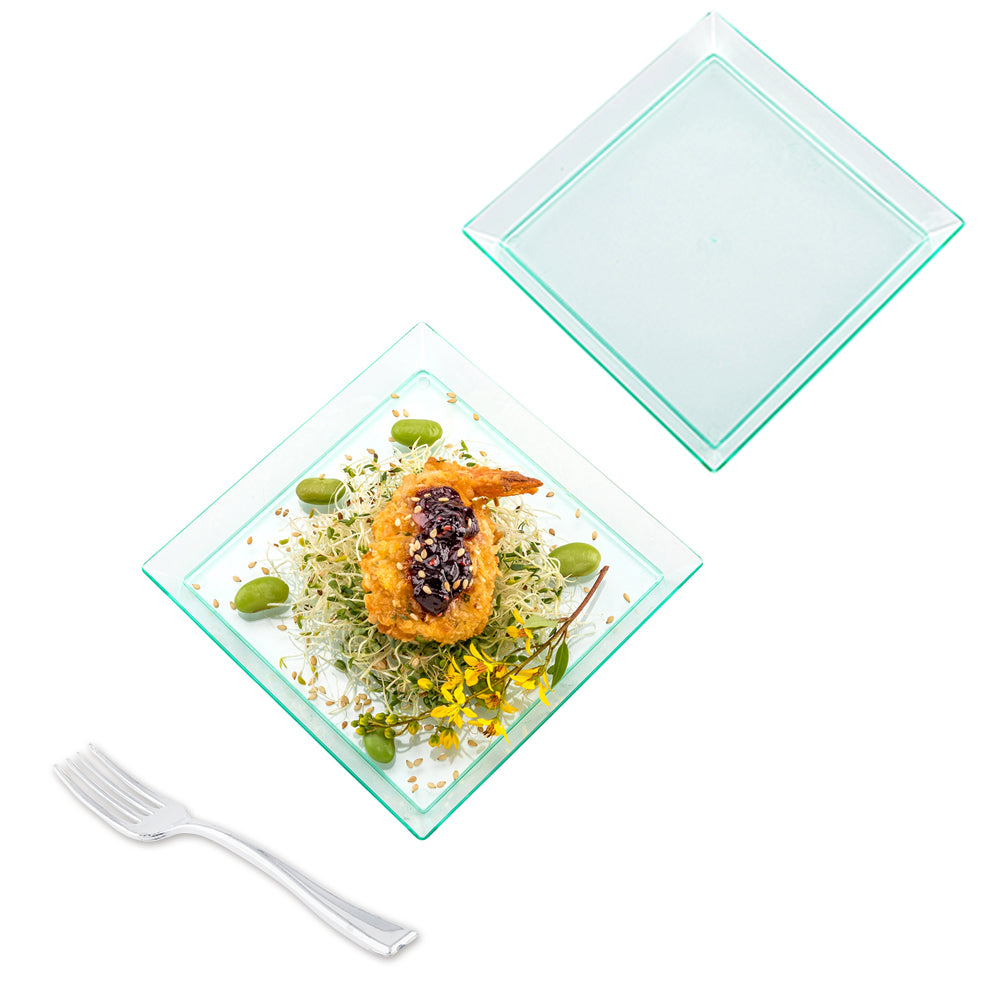 100 Square Seagreen 5" Plastic Medium Modern Plates and 100 Silver Plastic 4" Mini Forks