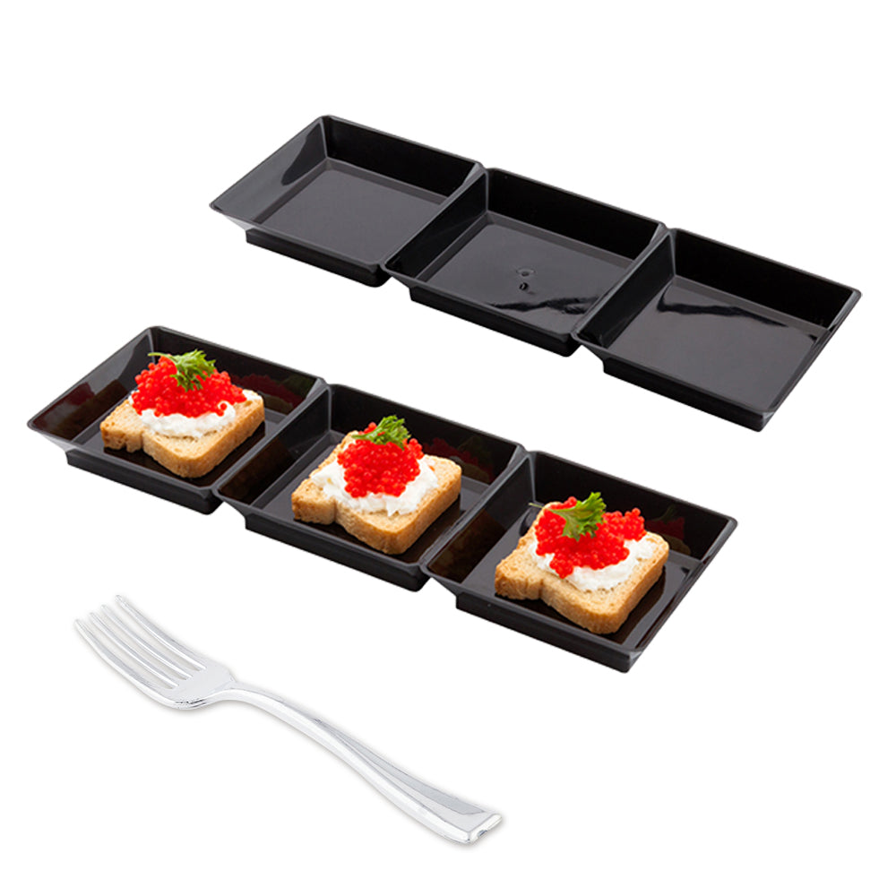 100 Rectangle Black 7.5" Plastic Terzetto Mini Plates and 100 Silver Plastic 4" Mini Forks