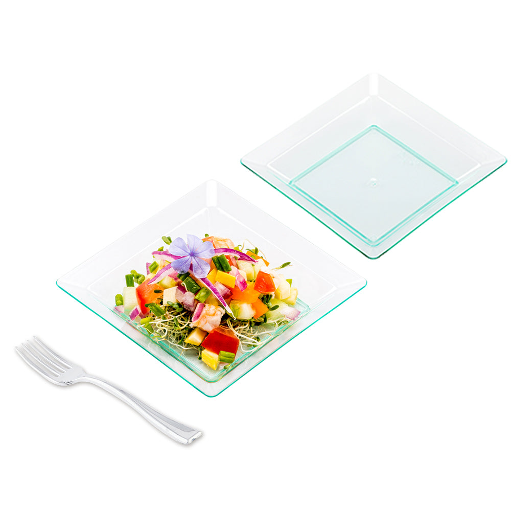 100 Square Seagreen 4.25" Plastic Plates and 100 Silver Plastic 4" Mini Forks