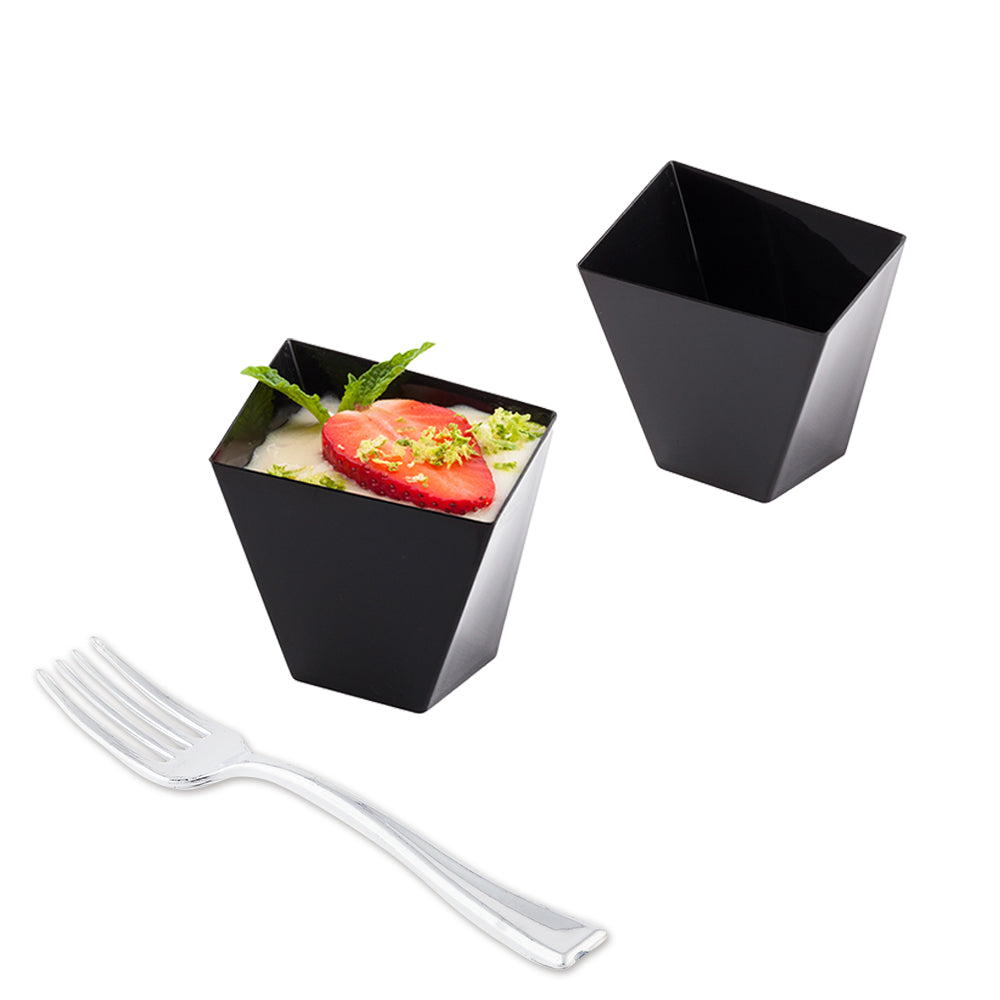 100 2 oz Square Black Plastic Girata Dessert Dish and 100 Silver Plastic 4" Mini Forks