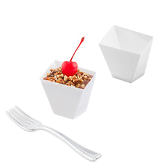 100 2 oz Square White Plastic Girata Dessert Dish and 100 Silver Plastic 4