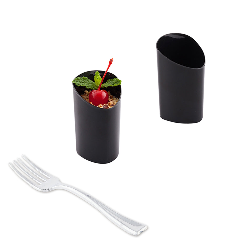 100 3 oz Black Plastic Triangolo Shot Glass and 100 Silver Plastic 4" Mini Forks