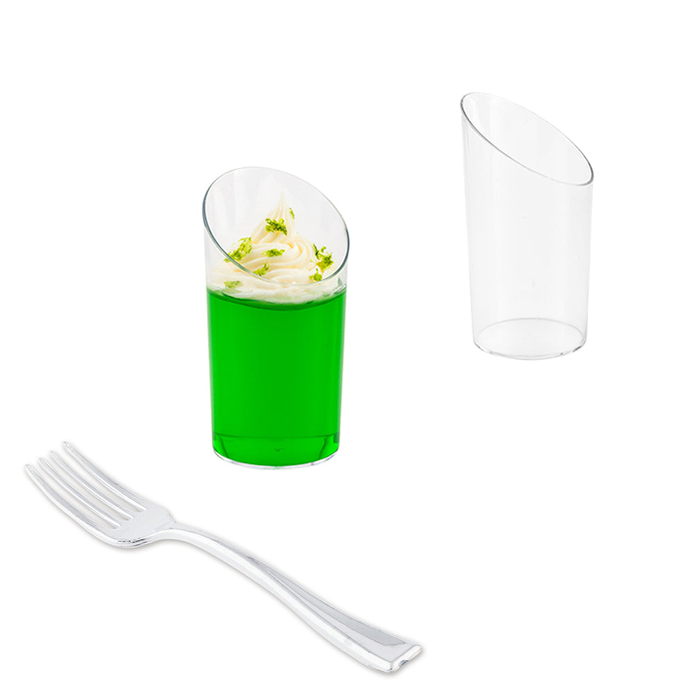 100 3 oz Round Clear Plastic Incline Shot Glass and 100 Silver Plastic 4" Mini Forks