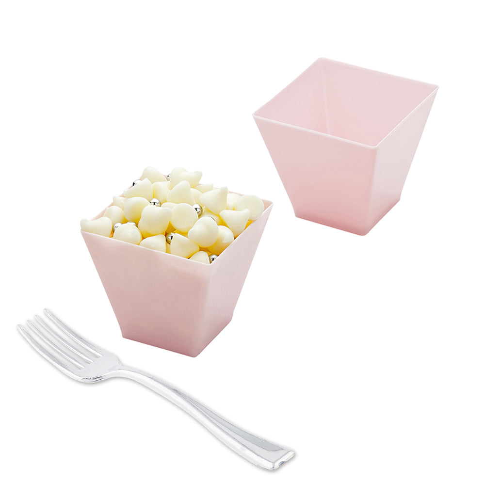 100 2 oz Square Powder Pink Plastic Mini Kova Cups and 100 Silver Plastic 4" Mini Forks