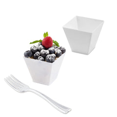 100 2 oz Square White Plastic Mini Kova Cups and 100 Silver Plastic 4