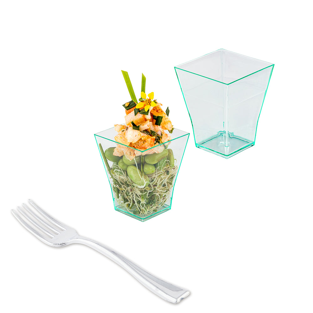 100 2 oz Square Seagreen Plastic Bonito Cups and 100 Silver Plastic 4" Mini Forks