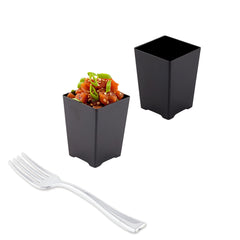 100 4 oz Square Black Plastic Tall Quadrato Cups and 100 Silver Plastic 4