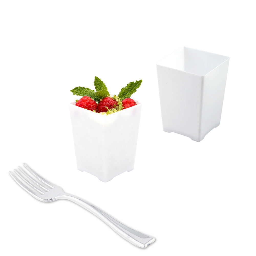 100 4 oz Square White Plastic Tall Quadrato Cups and 100 Silver Plastic 4" Mini Forks