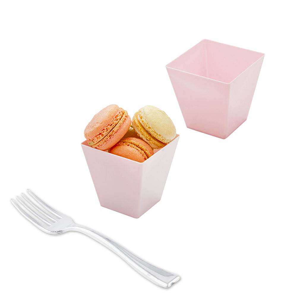 100 8 oz Square Powder Pink Plastic Large Kova Cups and 100 Silver Plastic 4" Mini Forks