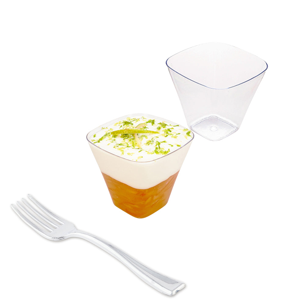 100 4 oz Square Clear Plastic Bellissima Tasting Cups and 100 Silver Plastic 4" Mini Forks