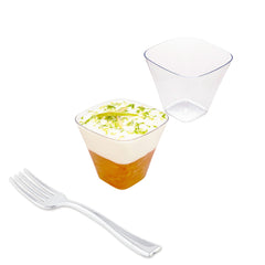 100 4 oz Square Clear Plastic Bellissima Tasting Cups and 100 Silver Plastic 4