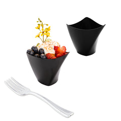 100 4 oz Black Plastic Mini Crescendo Cups and 100 Silver Plastic 4