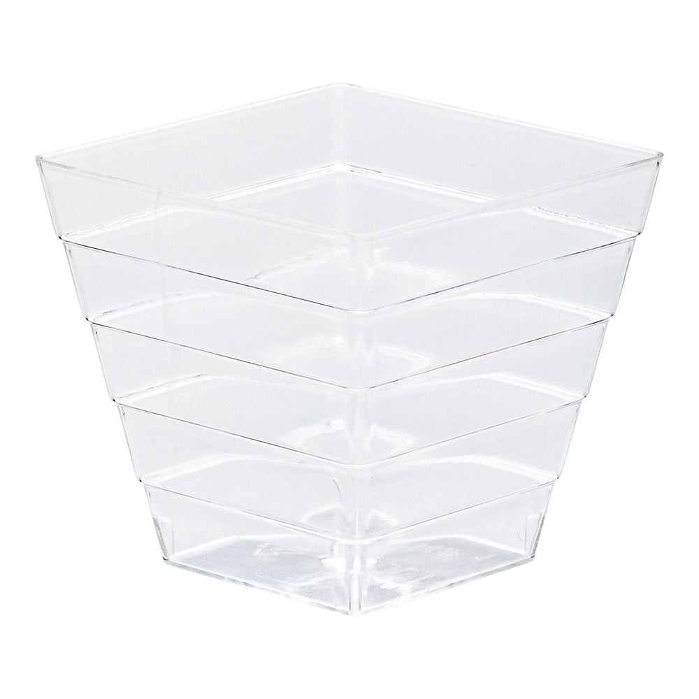 100 2 oz Square Clear Plastic Mini Apogee Kova Cups and 100 Silver Plastic 4" Mini Forks