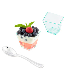 100 2 oz Square Seagreen Plastic Girata Dessert Dish and 100 Silver Plastic 4