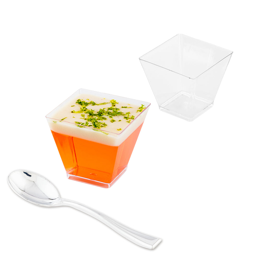 Bundle: 300 2 oz Square Clear Plastic Mini Kova Cups with 300 Silver Plastic 4" Mini Spoons