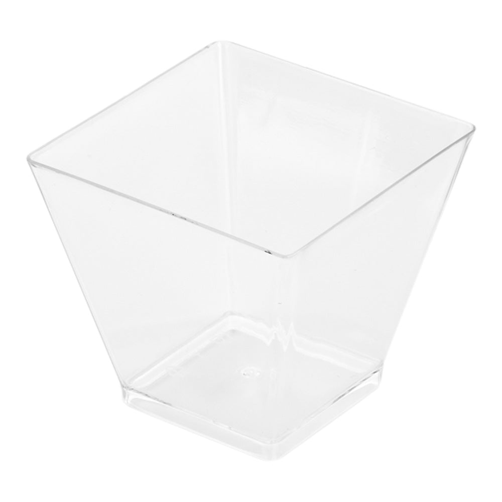 Bundle: 300 2 oz Square Clear Plastic Mini Kova Cups with 300 Silver Plastic 4" Mini Spoons