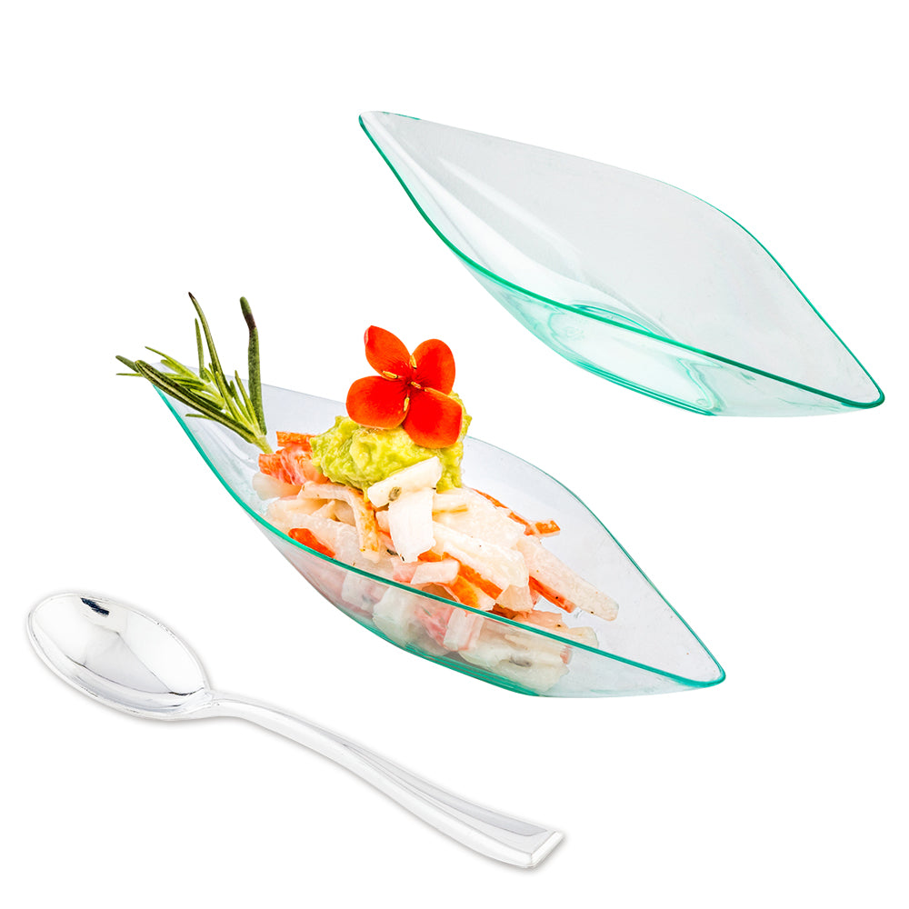 100 Diamond Seagreen 5" Plastic Canoe Dish and 100 Silver Plastic 4" Mini Spoons