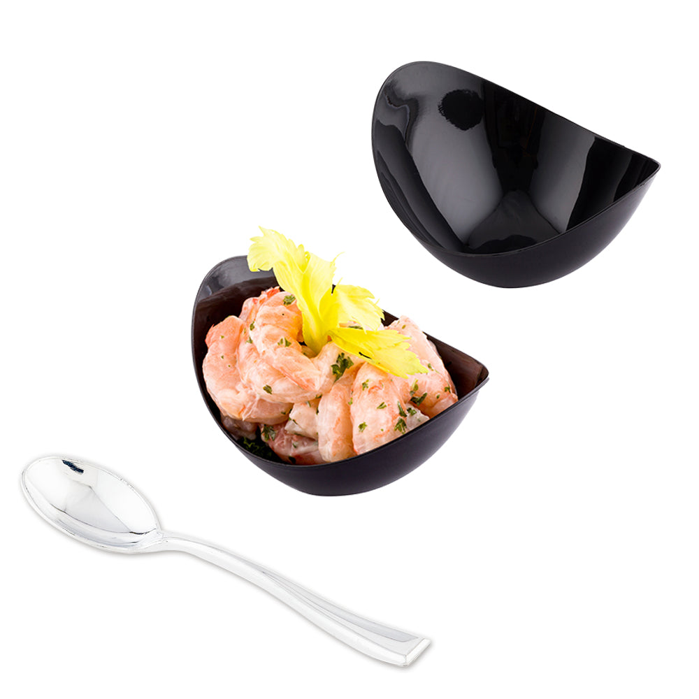 100 2 oz Oval Black Plastic Alato Tasting Dish and 100 Silver Plastic 4" Mini Spoons