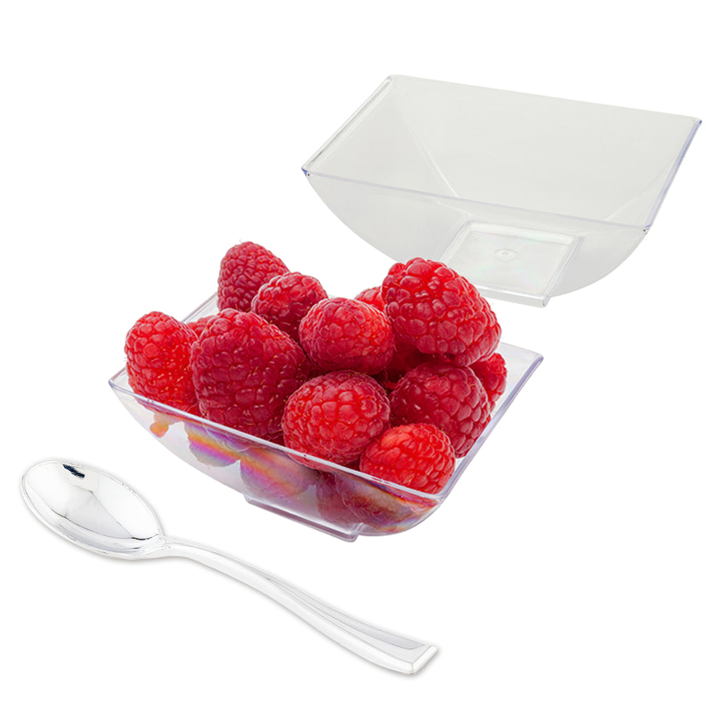 100 3 oz Rectangle Clear Plastic Small Architetto Bowls and 100 Silver Plastic 4" Mini Spoons