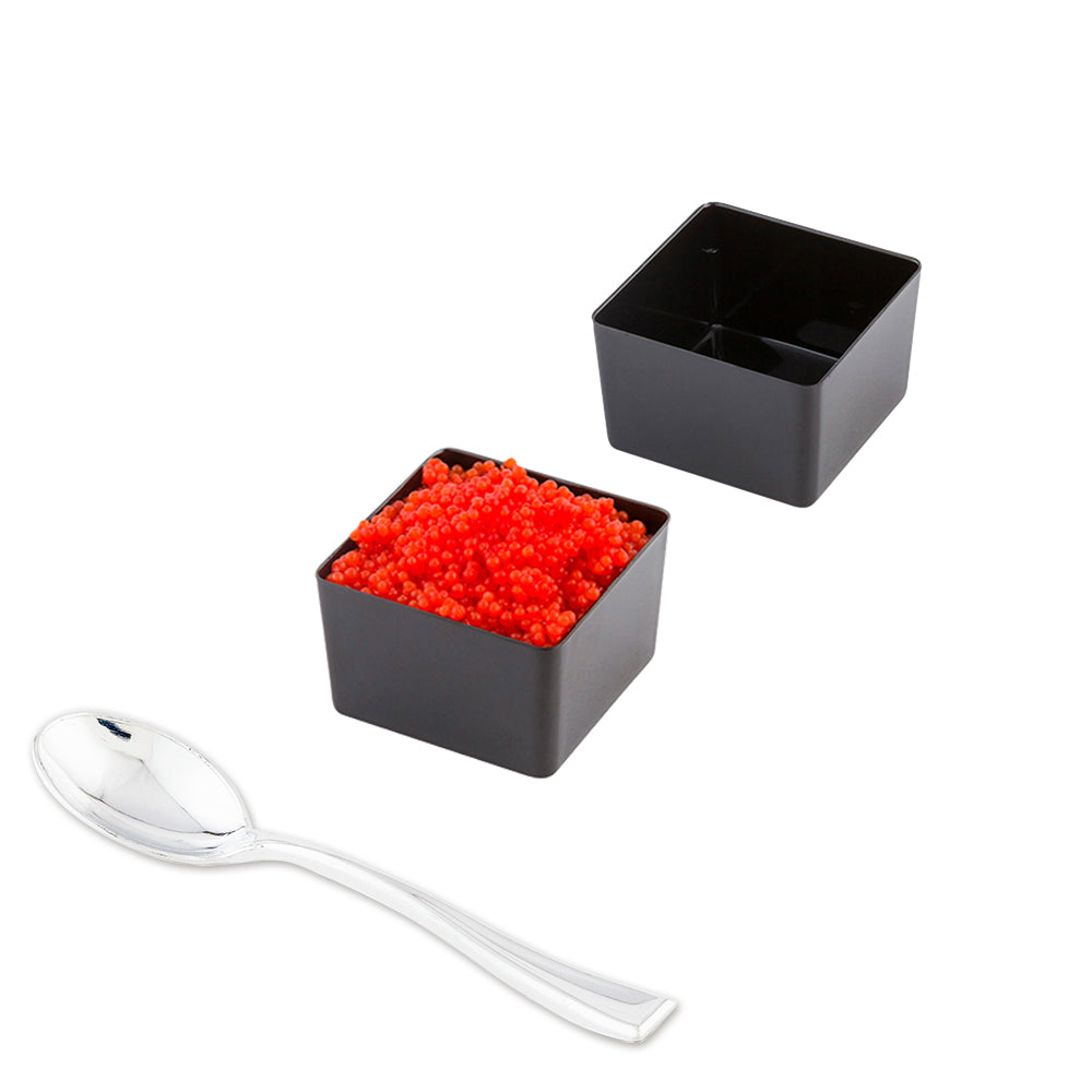 100 2 oz Square Black Plastic Short Quadrato Cups and 100 Silver Plastic 4" Mini Spoons