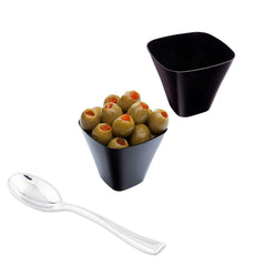 100 4 oz Square Black Plastic Bellissima Tasting Cups and 100 Silver Plastic 4