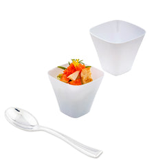 100 4 oz Square White Plastic Bellissima Tasting Cups and 100 Silver Plastic 4